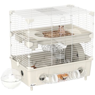 PAWHUT Kletka za hrčka z 2 nivojema in 3 vrati s tihim kolesom, steljo in igralskimi cevmi, kletka za živali iz jekla, PS in PP, 44.5x28x44 cm, kremasta in bela