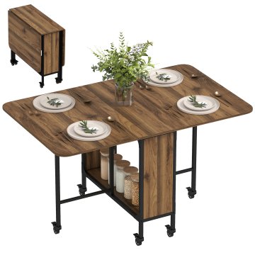 HOMCOM Zložljiva jedilna miza, preklopna miza za 4-6 oseb, moderna prostorsko varčna kuhinjska miza s polico in 6 kolesi, kovinska, 130x80x74 cm, rjava imitacija lesa