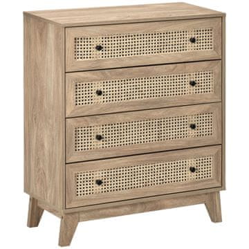 HOMCOM Komoda za spalnico s 4 predali iz ratana v boho slogu, sodobna komoda z okroglimi ročaji, za vhod, dnevno sobo, otroško sobo in hodnik, iz lesa, 80x35x95 cm, naravni les