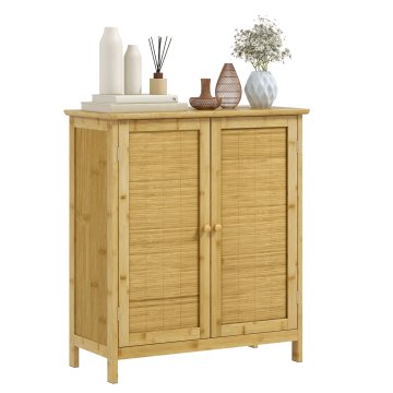 HOMCOM Premična kredenca v boho stilu iz ratana in bambusa, omarica z 2 vrati in notranjo polico, 60x27x67.5cm, naravna barva