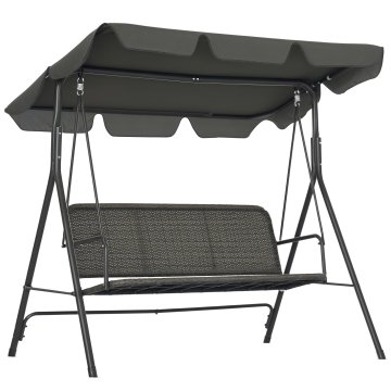 OUTSUNNY Vrtni gugalnik 3 sedeži z nastavljivo senčnico, zunanji gugalnik s prepustnim sediščem iz PE rattana in jekla, nosilnost do 240 kg, 167x112x153 cm, temno siva