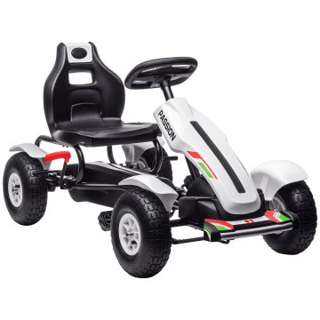 HOMCOM Go kart za otroke 5-12 let, kart s pedali v plastiki in kovini z nastavljivim sedežem, ročna zavora in vzvratna vožnja, 117x58x61 cm, bel