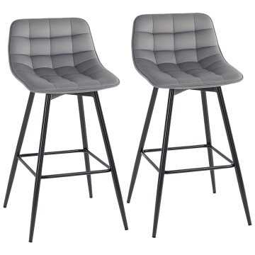 HOMCOM Set 2 visoka stolčka v nordijskem slogu z naslonjalom in podnožjem, kuhinjska stolčka z naslonjalom iz tkanine z efektom žameta in kovine, 45x47x88 cm, siva