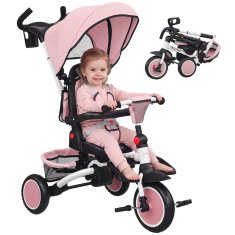 AIYAPLAY 6 V 1 tricikel voziček kolo za otroke 1-5 let do 25 kg, zložljiv tricikel z vrtljivim sedežem proti mami ali cesti, streha, ročaj, torba, kolesa in 5-točkovni varnostni pas, roza