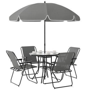 OUTSUNNY Komplet miza in stoli za vrt 6 delov iz jekla z sončnikom, pohištveni komplet z 4 zložljivimi stoli iz textilene in okroglo mizo iz stekla, zunanji komplet za patio in teraso, siv