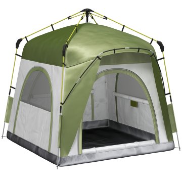 OUTSUNNY Šotor za kampiranje 3 osebe, igloo pop up šotor z 4 vrati na zadrgo in 4 okni z mrežo, vključena transportna vreča, UV zaščita, 240x240x199cm, zelena