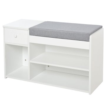 HOMCOM Klop za čevlje z blazino, predalom in 3 odprtimi policami, pohištvo za vhod iz lesa 81x31.5x49cm, bela