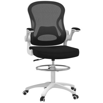 VINSETTO Ergonomski pisarniški stol, mrežasti vrtljivi stol, nastavljiva višina in nastavljiv obroč za noge, pisarniški naslanjač z ledveno oporo in zložljivimi nasloni za roke za dom, bela in črna
