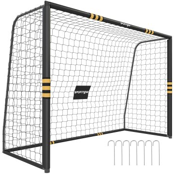 SPORTNOW Nogometna vrata, 300x200 cm nogometna vrata s PE mrežo, talne klini, EPE obloga in kovinski okvir, enostavna montaža za notranji in zunanji vrtni trening, črna in rumena