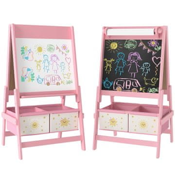 AIYAPLAY Tabla za otroke 3 v 1 z zvitkom papirja in 2 košarama za shranjevanje, tabla s stojalom iz borovega lesa in MDF, 54x46x94 cm, roza