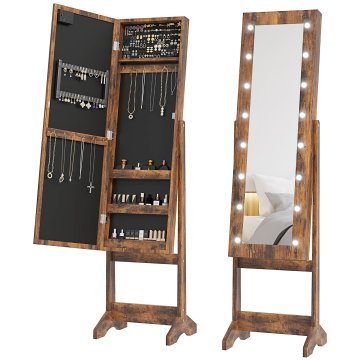 HOMCOM Ogledalo z škatlo za nakit z LED lučjo, omarica za nakit z ogledalom, za spalnico, dnevno sobo, 36x30x136 cm, rustično rjava