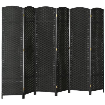 HOMCOM Notranji zložljivi paravent s 6 panelov, 240 x 170 cm, samostoječa pregrada za prostore, prepletena iz PP in borovega lesa za dom, dnevno sobo in pisarno, črna