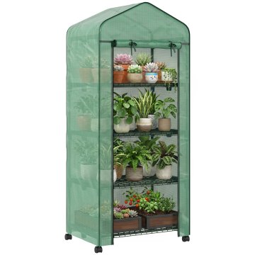 OUTSUNNY Balkonski rastlinjak s 4 nivoji z rolo vrati in 4 kolesi, rastlinjak za vrt z jekleno konstrukcijo in PE prevleko, za vrt, zelenjavo, rože in sadje, 69x50x165 cm, zelena