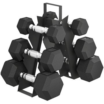 SPORTNOW Komplet dumbbellov za telovadnico z nosilcem, 2x2kg, 2x5kg, 2x8kg, šesterokotne kovinske uteži za telovadnico z nedrsečim ročajem, vadba za moč doma, črna