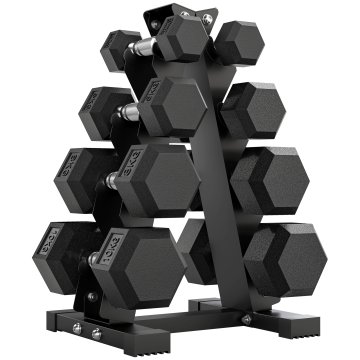SPORTNOW Komplet ročk za telovadnico z nosilcem, 2x2Kg, 2x5Kg, 2x8Kg, 2x10Kg, heksagonalne ročke za fitnes z nosilcem iz litega železa in gume z nedrsečim ročajem, domača fitnes vadba, črna