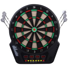HOMCOM Elektronska tarča za pikado s 6 pikadli, napajalnik, 4 LED zasloni, 243 programi in 27 iger, elektronska tabla za pikado za 16 igralcev, 44x51.5x3.2 cm, črna