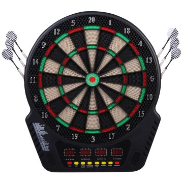 HOMCOM Elektronska tarča za pikado s 6 pikadli, napajalnik, 4 LED zasloni, 243 programi in 27 iger, elektronska tabla za pikado za 16 igralcev, 44x51.5x3.2 cm, črna