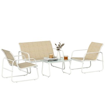 OUTSUNNY Set vrtnega salona 4 deli, set vrtnega pohištva iz texteline z dvosedežnim kavčem, 2 fotelja, mizica iz kaljenega stekla, konstrukcija iz jekla, mali vrtni salon za balkon, kaki