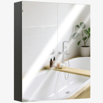 HOMCOM Stenska kopalniška omara z dvemi vrati in ogledalom ter 2 notranjimi policami, kopalniška omarica z ogledalom in mehkim zapiranjem iz MDF, 60x15x75 cm, črna