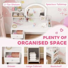 AIYAPLAY Komplet toaletne mize za ličenje za otroke 3-8 let 2 v 1 z osvetljenim ogledalom in stolom, lesena ličilna postaja z LED lučjo v 2 barvah, omarica, police in knjižna polica, bela