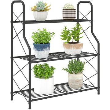 OUTSUNNY Vertikalno stojalo za rastline s 3 nivoji z stranskimi nosilci v obliki X, nosilec za lončke z kovinskim ročajem za notranjo in zunanjo uporabo, 69x28.5x78 cm, črna