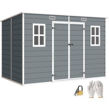OUTSUNNY Vrtna hišica 4.96m² iz PP in aluminija s tlemi, vrtna lopa za orodje z dvojnimi zaklepnimi vrati, zračniki, okna, poševna streha, rokavice, siva