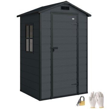 OUTSUNNY Vrtna hišica 1.09m² iz PP in aluminija s podom, vrtna lopa s zaklenljivimi vrati, zračniki, okno, poševna streha, rokavice, lopa za orodje, temno siva