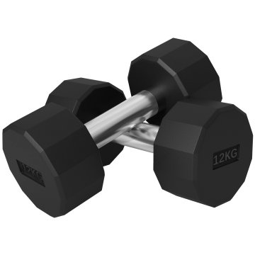 SPORTNOW Set 2 12-Stranske ročke z 2x12 kg v kovini in gumi, set ročk za telovadnico z nedrsečim ročajem, 26x14x14 cm, črna