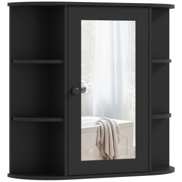 HOMCOM Ogledalo za kopalnico s 6 odprtimi policami in 2 zaprtimi policami, 66x17x63 cm kopalniška omara z ogledalom, stenska omarica iz stekla, črna