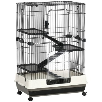 PAWHUT Kletka s 3 nadstropji v kovini s pladnjem za glodavce, zajce in furete s 4 kolesi, 81.2x52.7x114cm, črna