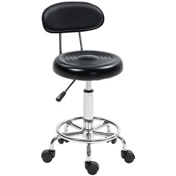 HOMCOM Nastavljiv vrtljiv stol 360°, stol za estetiko z naslonjalom, kolesi in podnožko, iz jekla, umetno usnje, 32x40x70-86 cm, črna