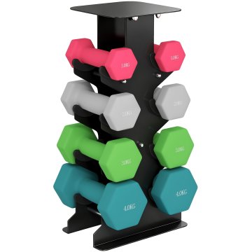 SPORTNOW Komplet dumbelov za telovadnico z nosilcem, 2x1kg, 2x2kg, 2x3kg, 2x4kg, heksagonalni dumbeli za telovadnico s kovinskim nosilcem z nedrsečim ročajem, vadba za moč fitnes doma, večbarvni