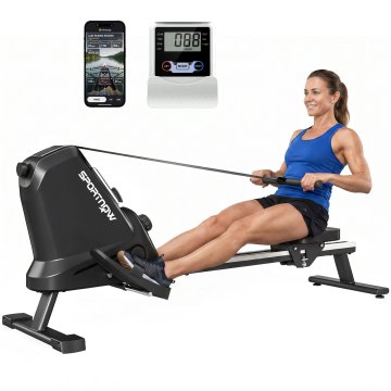 SPORTNOW Veslač za dom, veslač magnetni tihi, s 16 stopnjami upora, APP bluetooth, aluminijasto vodilo, LCD zaslon, držalo za telefon, kolesa, vertikalno shranjevanje za prihranek prostora, največ 130 KG