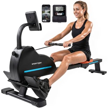 SPORTNOW Veslaški stroj, tihi magnetni veslaški stroj, 16 stopenj upora, Bluetooth aplikacija, LCD zaslon, držalo za telefon, kolesa, vertikalno shranjevanje za prihranek prostora, maks 130 kg