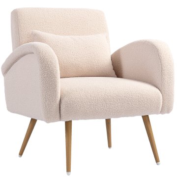 HOMCOM Poltrona per soggiorno imbottita, poltroncina da camera in tessuto teddy s cuscino lombare, poltrona da lettura z nogami effetto lesene v kovini za dnevno sobo in študijo, 77x77x83 cm, bež