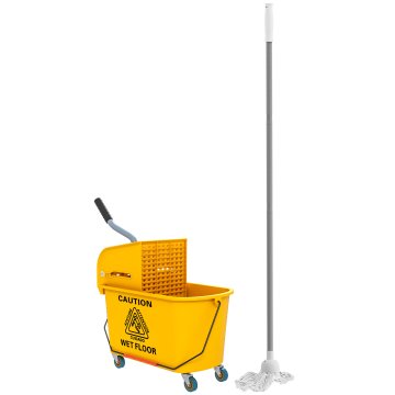 HOMCOM Profesionalni čistilni voziček 20L z mopom in vedrom za pomivanje tal za mop, voziček za pomivanje tal s plastičnim ožemalnikom, ročajem in 4 kolesi, za hotel, gostišče, hišo, rumen
