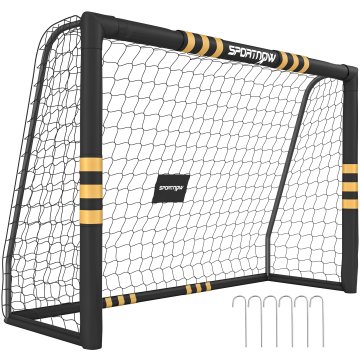 SPORTNOW Nogometna vrata, 240x160 cm nogometna vrata s PE mrežo, talni klini, EPE obloga in kovinski okvir, enostavna montaža za vrtno notranjo zunanjo vadbo, črno in rumeno