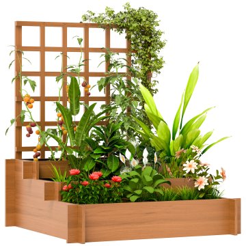 OUTSUNNY Povišana greda za zunanjo uporabo s 3 nivoji z rešetko, netkana tkanina, cvetlični zaboj z mrežo za plezalne rastline iz smrekovega lesa, za balkon, 95x95x110 cm, rjava