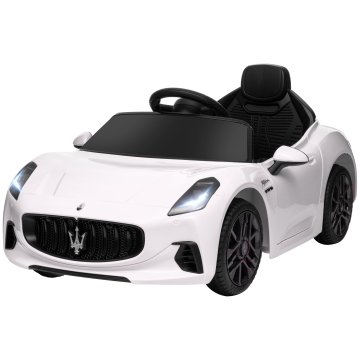 AIYAPLAY Otroški električni avto 12V maserati gran turismo folgore, električni avto za otroke z 2 motorjema, mehki zagon, kolesa, daljinski upravljalnik, varnostni pas, glasba, hupa in žarometi, 3-5 km/h, bel