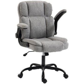 HOMCOM Ergonomski pisarniški stol z preklopnimi nasloni za roke, vrtljivi pisarniški stol v tkanini z učinkom lanu, nastavljiva višina, funkcija zibanja, nosilnost 120 kg, siva
