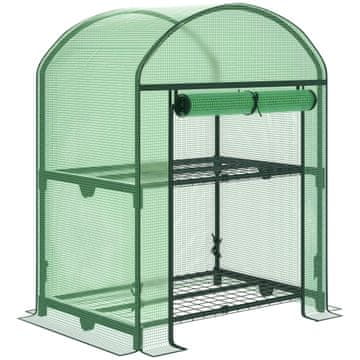 OUTSUNNY Mini rastlinjak za vrt z 2 kovinskima policama in pokrovom iz PE, rastlinjak za balkon in teraso kompakten 69x49x91cm, zelen