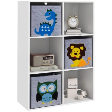 ZONEKIZ Polica za igrače za otroke 3+ let z 6 kockami iz netkanega blaga, omarica za igrače iz MDF in melamina, 61.8x29.9x91.5 cm, siva in bela