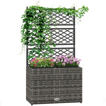 OUTSUNNY Sadilnik za rastline z rešetko za plezalke, povišana gredica z 2 notranjima loncima, konstrukcija iz jekla in rattan PE, 57x30x107cm, siva