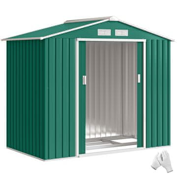 OUTSUNNY Vrtna hiška 2.5m² iz pocinkanega jekla s podstavkom in zračnimi odprtinami, lopa za orodje s poševno streho, dvojna drsna vrata z zaklepanjem, 213x130x185 cm, temno zelena