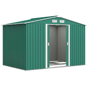 OUTSUNNY Vrtna hišica 4.9 m² s temeljem, 4 zračniki in 2 drsna vrata, lopa za orodje iz jeklene pločevine, 277x195x192 cm, temno zelena