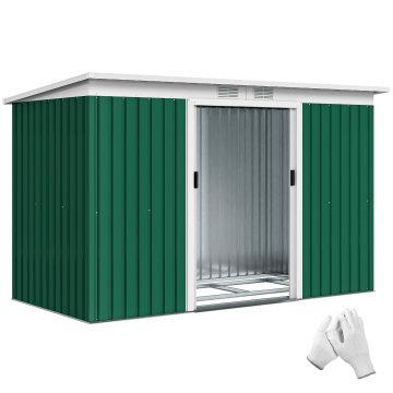 OUTSUNNY Vrtna hišica 3.2m² iz pocinkanega jekla s kompletom temeljev, zračniki, loputa za orodje s poševno streho, dvojna drsna vrata z zaklepom, temno zelena