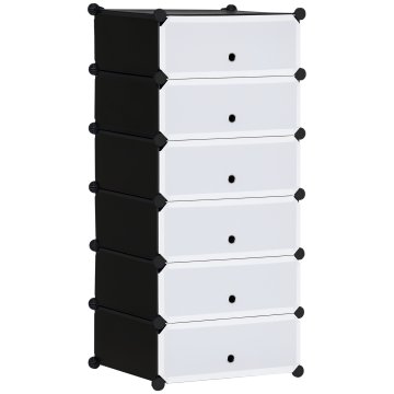 HOMCOM Modularna polica za čevlje, prihranek prostora, s 6 škatlami 45x35x17 cm, kubični predalčki iz PP plastike in jekla, 49x36.5x108 cm, črna in prozorna
