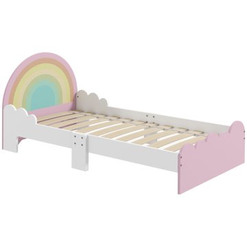 ZONEKIZ Otroška postelja za otroke 3-6 let s stranskimi zaščitnimi ogrodji proti padcu, postelja za otroke iz MDF in večslojnih plošč, 143x74x66 cm, bela in roza