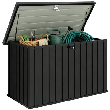 OUTSUNNY Zunanji zaboj 400L iz pocinčanega jekla, vrtni zaboj, zaklenljiv pokrov z 2 ključema, plinski bati, zunanji zaboj za vrt, teraso, bazen, 124x66x72cm, črn