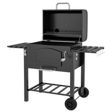 OUTSUNNY Vrtni žar z rešetko, dimilnikom in kuhalnikom, BBQ na 2 kolesih iz kovine in litega železa, z termometrom, dimnikom in zračniki, 124x66x112 cm, črn